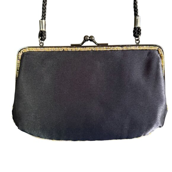 Vintage Lancome Beaded Gold Beads Flowers Shoulder Clutch Bag Women Black - Picture 2 of 10